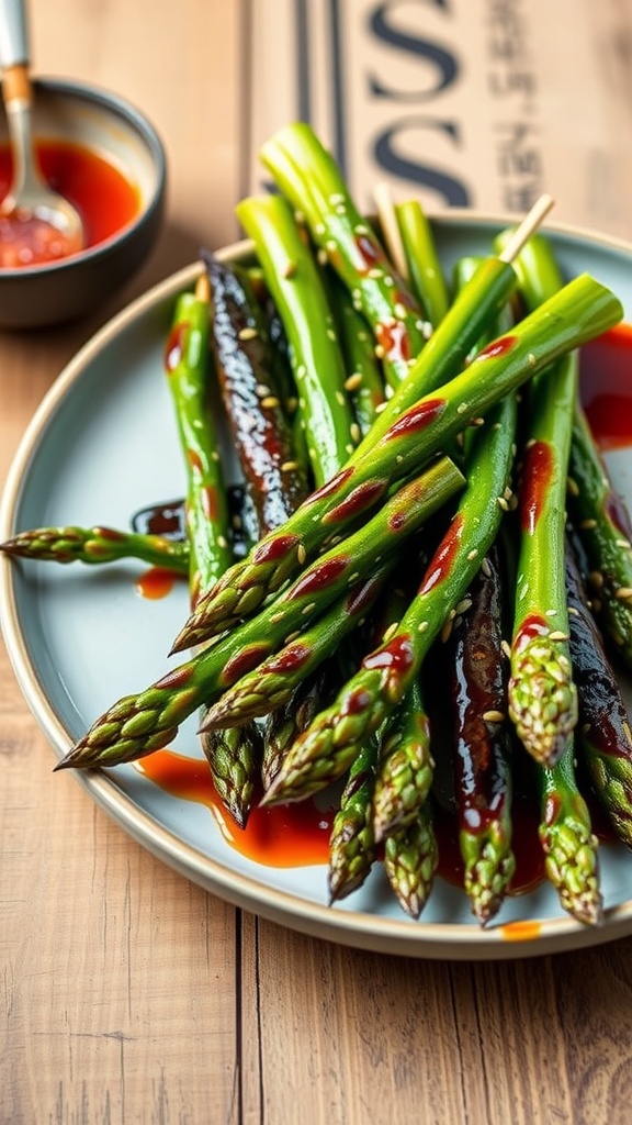 Grilled asparagus yakitori skewers with sesame seeds on a wooden table, served with dipping sauce.